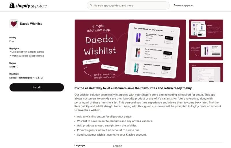 Daeda Wishlist - Apps project screenshot showing the interface