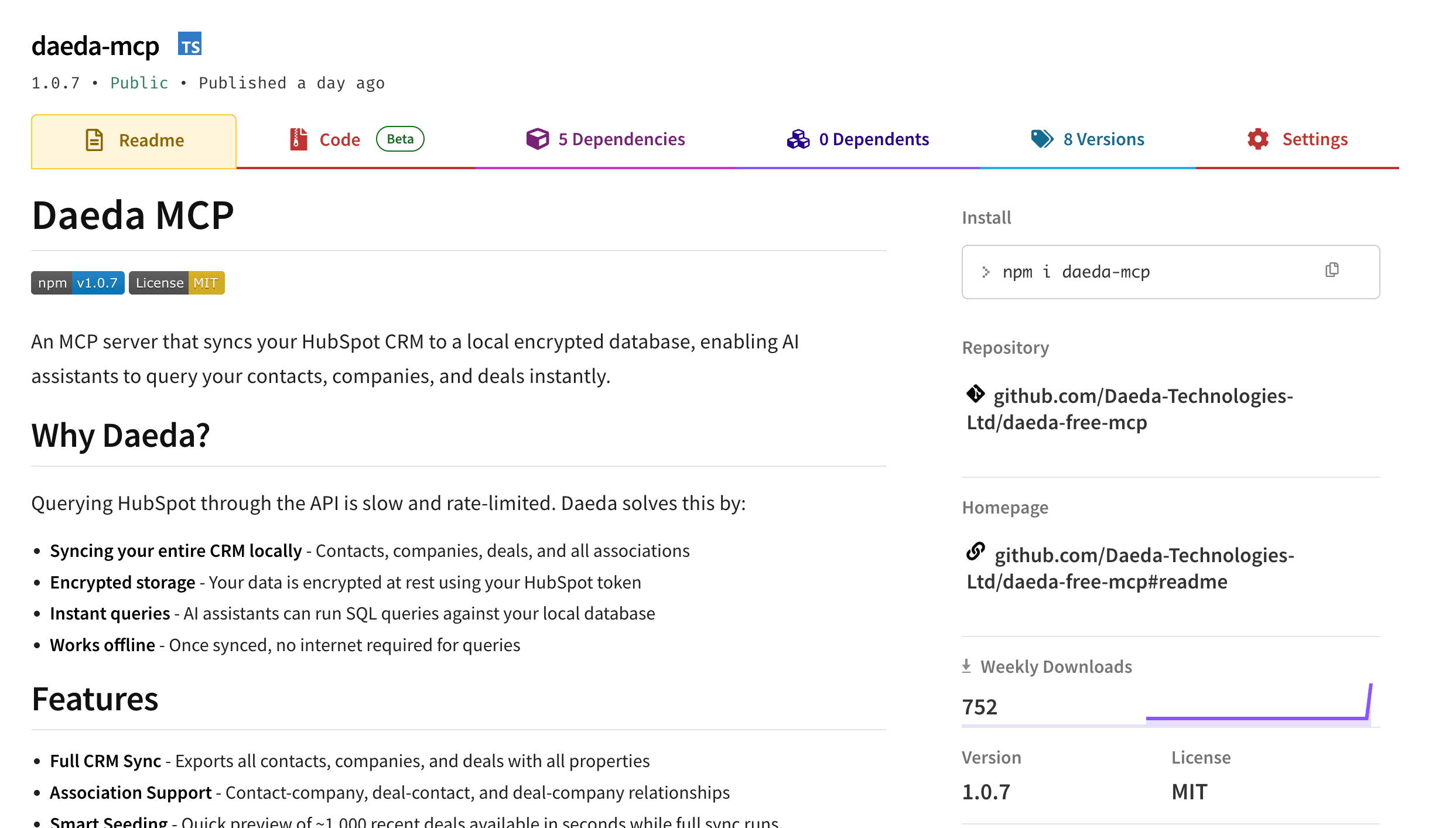 Daeda MCP - Apps project screenshot showing the interface