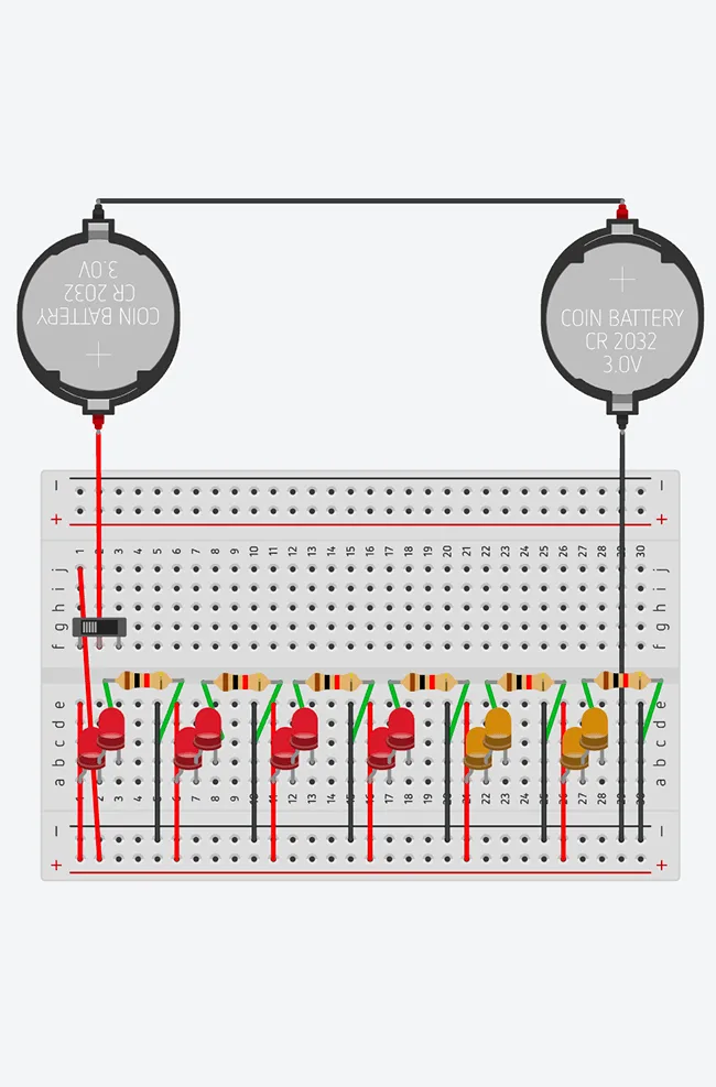 Tinkercad breadboard simulation for the mushroom LED keyring circuit